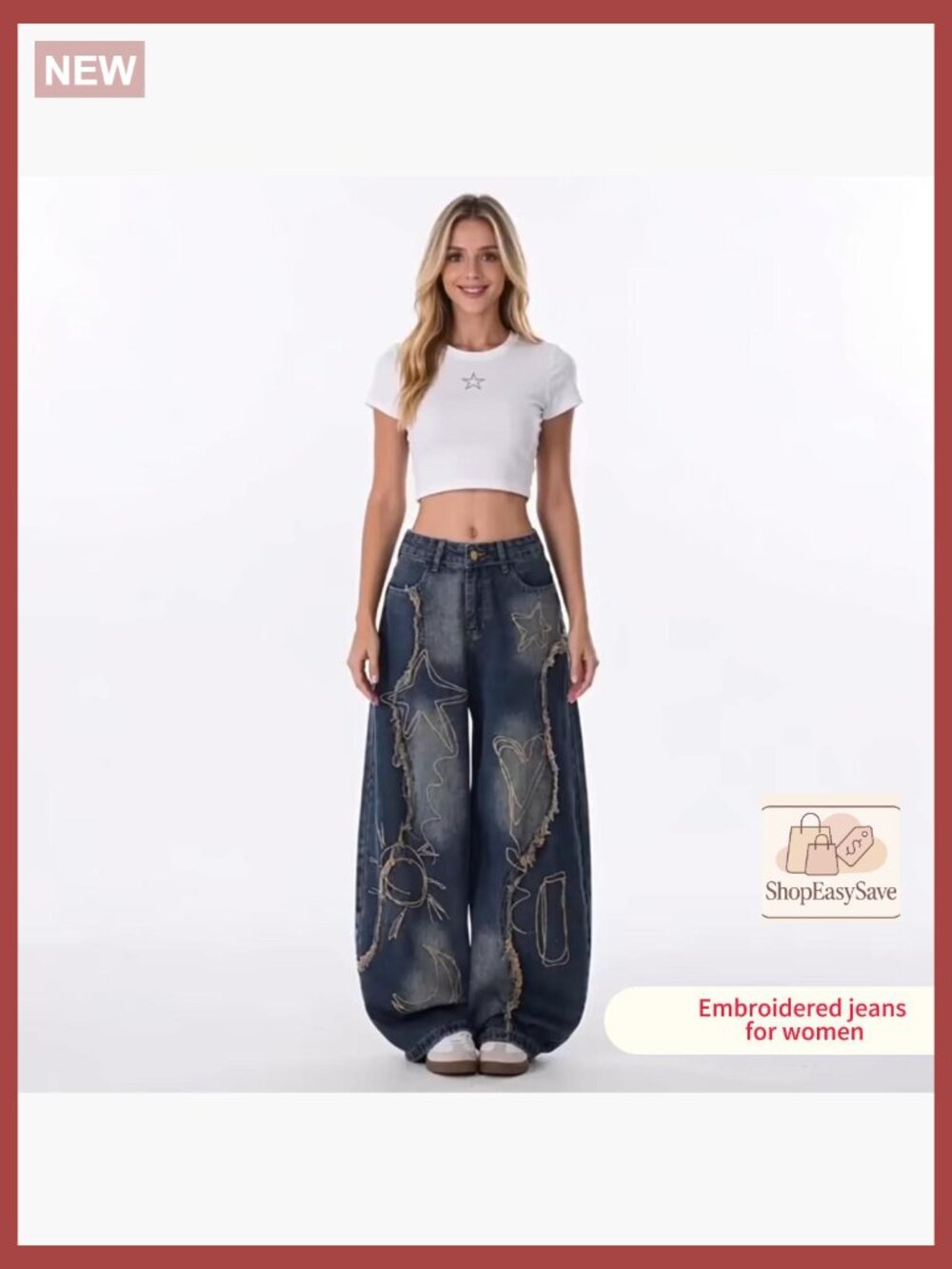 Embroidered Patchwork Barrel Jeans Wide Leg Baggy Denim Pants Y2K Trendy - Picture 7 of 7
